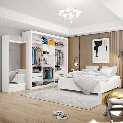 Quarto Casal 4 Gavetas Sapateira 2 Portas E Cama Branco