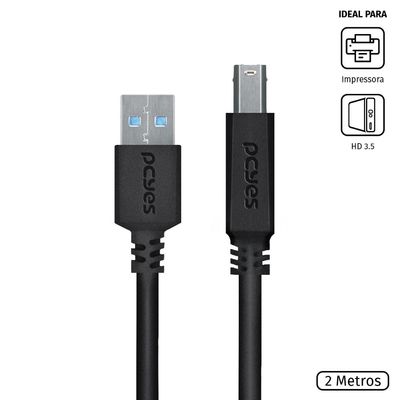 Cabo para Impressora e HD Externo USB a 3.0 Macho para USB B 3.0 Macho 28AWG Puro Cobre 2 Metros