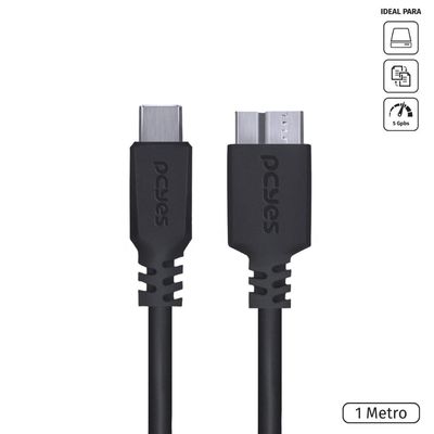 Cabo para HD Externo USB Tipo C para Micro USB B 3.0 1 Metro Preto - P3UCMBP-1