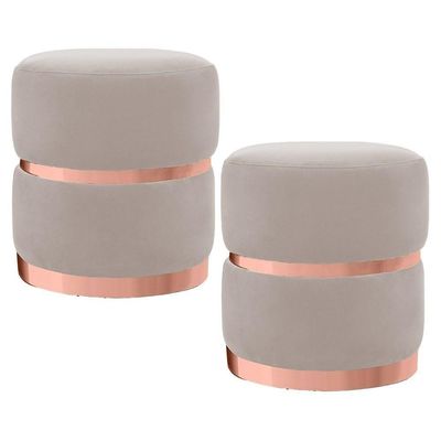 2 Puffs Cinto E Aro Rosê Round B-309 Veludo Bege Claro Domi