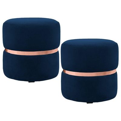 2 Puffs Com Cinto Rosê Round B-304 Veludo Azul Marinho Domi