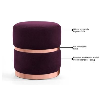 Puff Decorativo Com Cinto E Aro Rosê Round B-292 Veludo Uva