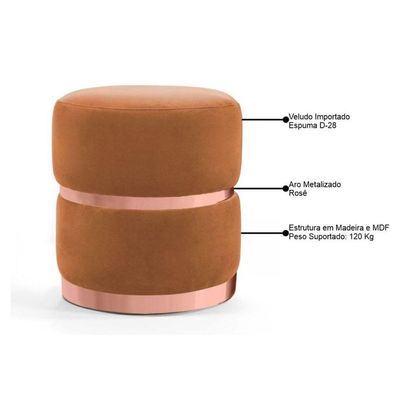 Puff Com Cinto E Aro Rosê Round B-262 Veludo Laranja