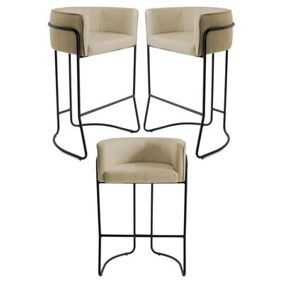 3 Banquetas Base Aço Preto Betina C-129 Linho Creme Domi
