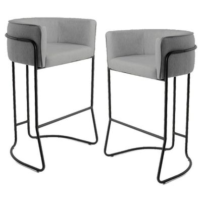 2 Banquetas Base Aço Preto Linho Cinza Escuro Domi