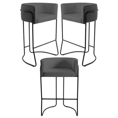 3 Banquetas Base Aço Preto Betina C-03 Cinza Fosco Domi