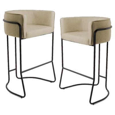 2 Banquetas Base Aço Preto Linho Bege Areia Domi