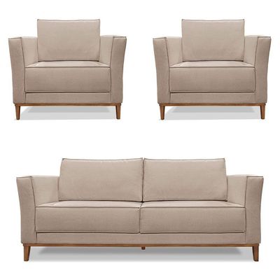 Kit 2 Poltronas e Sofá Living 2 Lugares 1,90m Vega Linho Cas