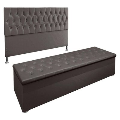 Kit Cabeceira e Calçadeira Baú Queen 1,60m Suede Cinza