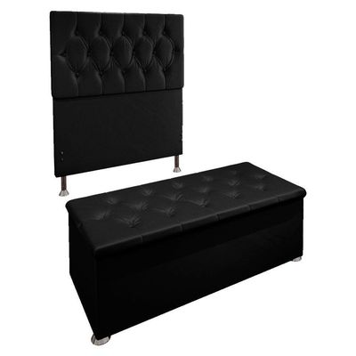 Kit Cabeceira e Calçadeira Baú Solteiro 0,90m Suede Preto