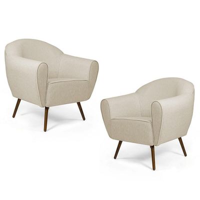 02 Poltronas Nina Pés Palito Madeira C-107 Linho Bege Domi