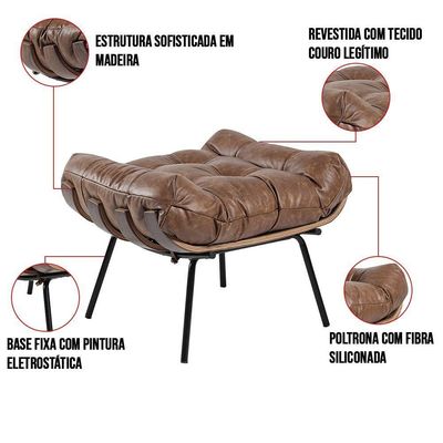 Kit 2 Puffs Giratória Couro Nozes Base Metálica Preto