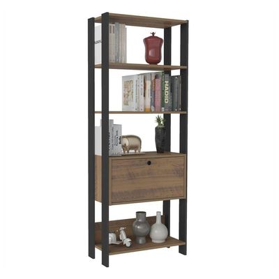Estante Para Livros Pinho/Preto C/ 01 Porta E 4 Prateleiras
