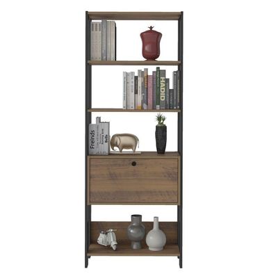 Estante Para Livros Pinho/Preto C/ 01 Porta E 4 Prateleiras