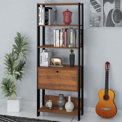 Estante Para Livros Pinho/Preto C/ 01 Porta E 4 Prateleiras