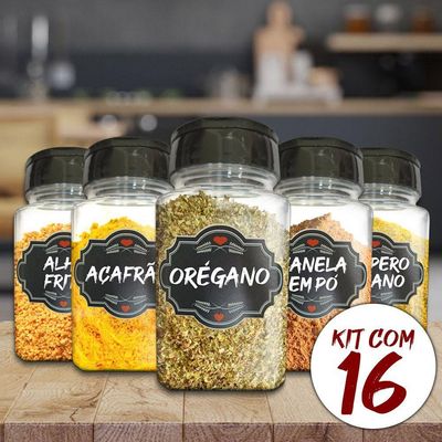 Pote Tempero Kit 16 Potes+24 Etiquetas Adesivas Q170 Preta
