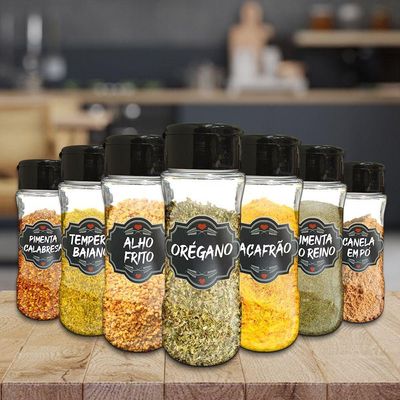 Pote Tempero Kit 16 Potes+24 Etiquetas Adesivas T130 Preta