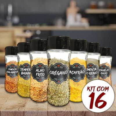 Pote Tempero Kit 16 Potes+24 Etiquetas Adesivas T130 Preta