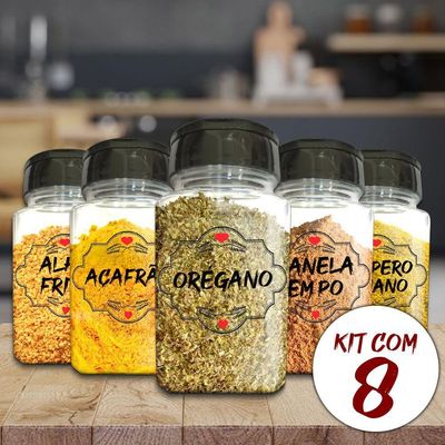 Pote Tempero Kit 8 Potes+24 Etiquetas Adesivas Transparente