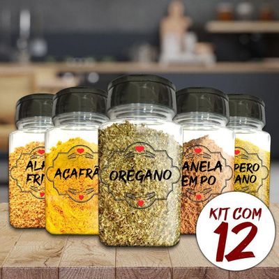 Pote Tempero Kit 12 Potes+24 Etiquetas Adesivas Transparente