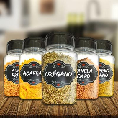 Pote Tempero Kit 8 Potes+24 Etiquetas Adesivas Q170 Preta