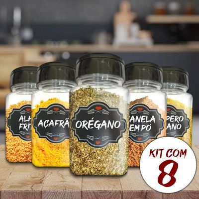 Pote Tempero Kit 8 Potes+24 Etiquetas Adesivas Q170 Preta