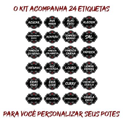 Pote Tempero Kit 8 Potes+24 Etiquetas Adesivas Q170 Preta