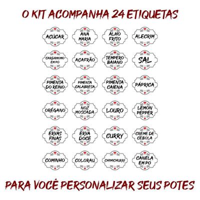 Pote Tempero Kit 8 Potes+24 Etiquetas Adesivas Q170 Branca