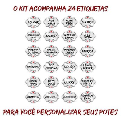 Pote Tempero Kit 14 Potes+24 Etiquetas Adesivas Transparente
