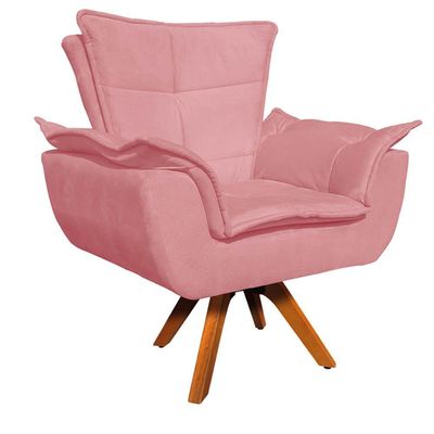 Poltrona Giratória Opala Suede Rosê Base Madeira Mm30