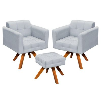 Kit 2 Poltronas Giratória Elisa e 1 Puff Suede Base Madeira