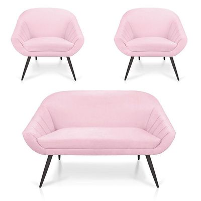 Kit 01 Namoradeira 02 Lugares e 02 Poltronas Giovana Suede Rosa Bebê de Ferro