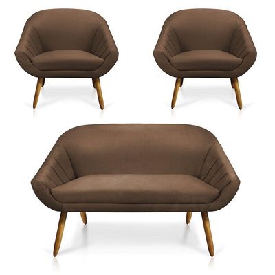 Kit 01 Namoradeira 02 Lugares e 02 Poltronas Giovana Suede Marrom Castanho