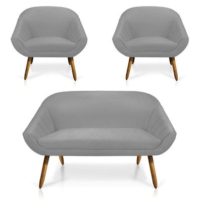 Kit 01 Namoradeira 02 Lugares e 02 Poltronas Giovana Suede Cinza Castanho