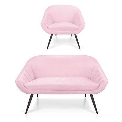 Kit 01 Namoradeira 02 Lugares e 01 Poltrona Giovana Suede Rosa Bebê de Ferro
