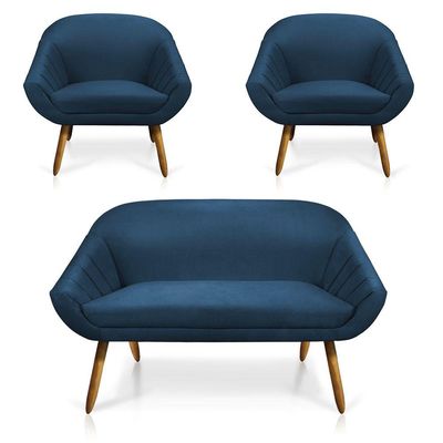 Kit 01 Namoradeira 02 Lugares e 02 Poltronas Giovana Suede Azul Marinho Castanho