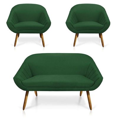 Kit 01 Namoradeira 02 Lugares e 02 Poltronas Giovana Suede Verde Castanho
