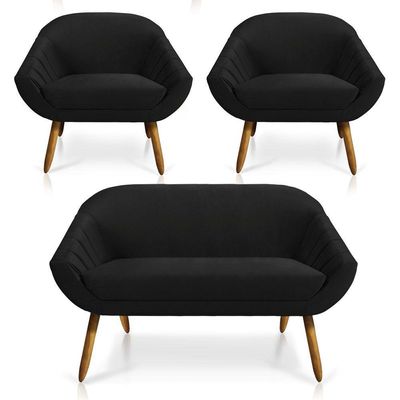 Kit 01 Namoradeira e 02 Poltronas Veludo Castanho Preto