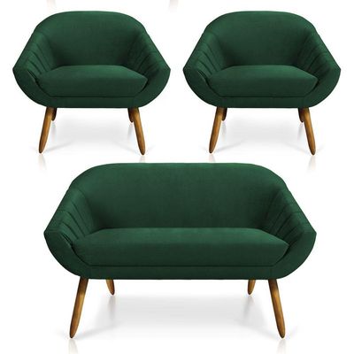 Kit 01 Namoradeira e 02 Poltronas Veludo Castanho Verde Esmeralda