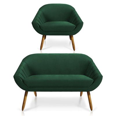 Kit 01 Namoradeira e 01 Poltrona Veludo Castanho Verde Esmeralda