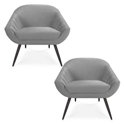 Kit 02 Poltronas Giovana Veludo Cinza Pés Palito De Ferro