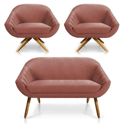 Kit 01 Namoradeira 02 Lugares E 02 Poltronas Giratória Giovana Veludo Rose Base Madeira