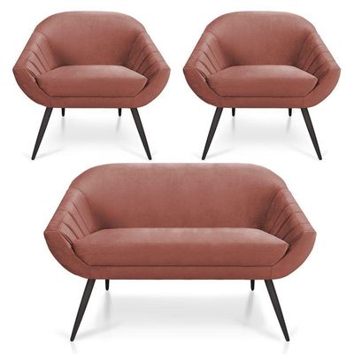 Kit 01 Namoradeira 02 Lugares E 02 Poltronas Giovana Veludo Pés Palito De Ferro Rose