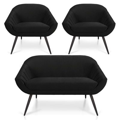 Kit 01 Namoradeira 02 Lugares E 02 Poltronas Giovana Veludo Pés Palito De Ferro Preto