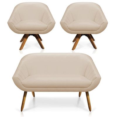 Kit 01 Namoradeira 02 Lugares E 02 Poltronas Giratória Giovana Corino Bege Mm30