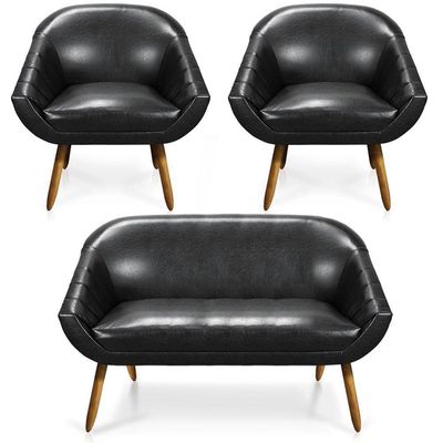 Kit 01 Namoradeira 02 Lugares E 02 Poltronas Giovana Corano Preto Pés Palito Castanho