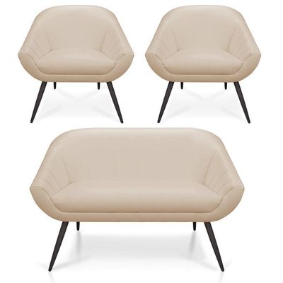 Kit 01 Namoradeira 02 Lugares E 02 Poltronas Giovana Corino Bege Pés Palito De Ferro