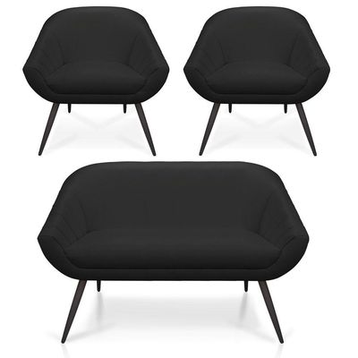 Kit 01 Namoradeira 02 Lugares E 02 Poltronas Giovana Corino Preto Pés Palito De Ferro
