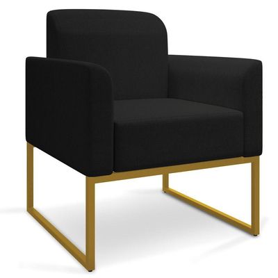 Kit 01 Namoradeira 02 Lugares E 02 Poltronas Marisa Linho Preto A79 Base Industrial Metálica Dourado
