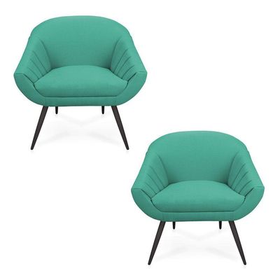 Kit 02 Poltronas Giovana Linho Pés Palito De Ferro A115 Azul Pavão